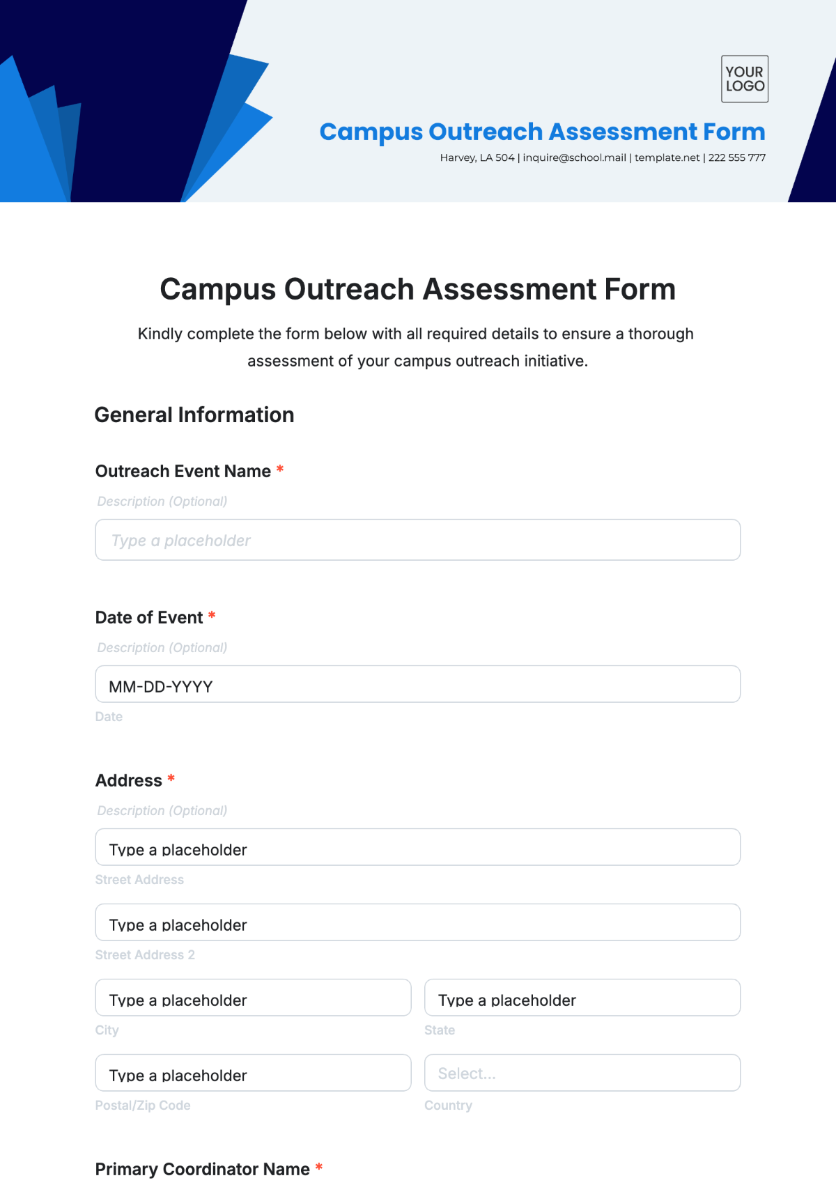 Campus Outreach Assessment Form Template