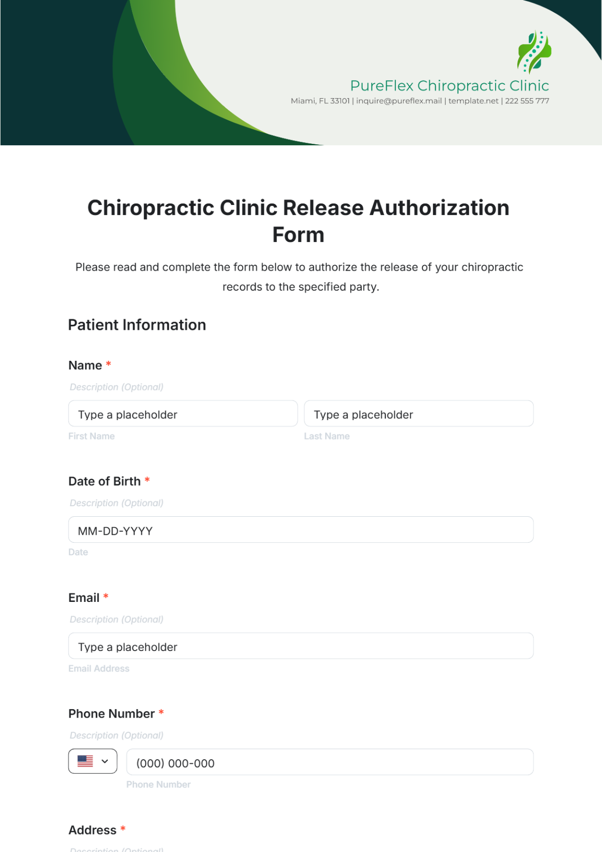 Chiropractic Clinic Release Authorization Form Template