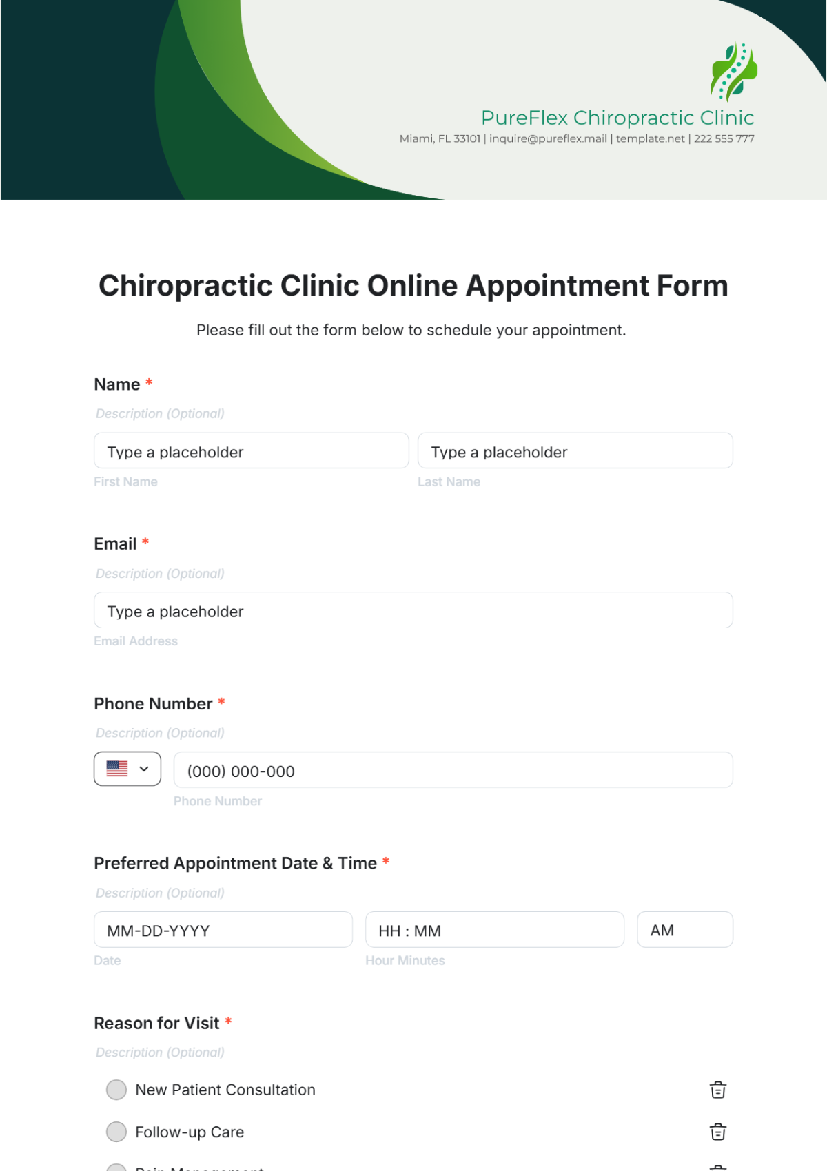 Chiropractic Clinic Online Appointment Form Template