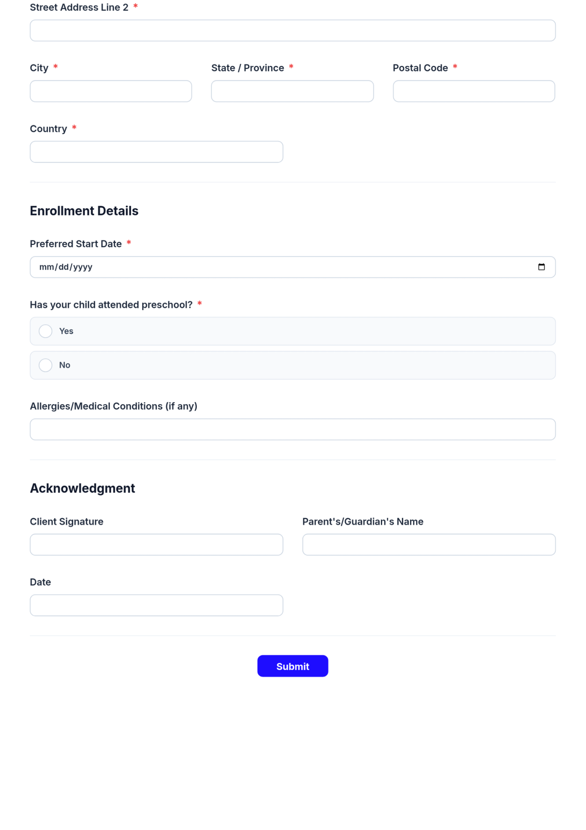 Free Kindergarten Enrollment Application Form Template & AI Maker Free Kindergarten Enrollment Application Form Template & AI Maker