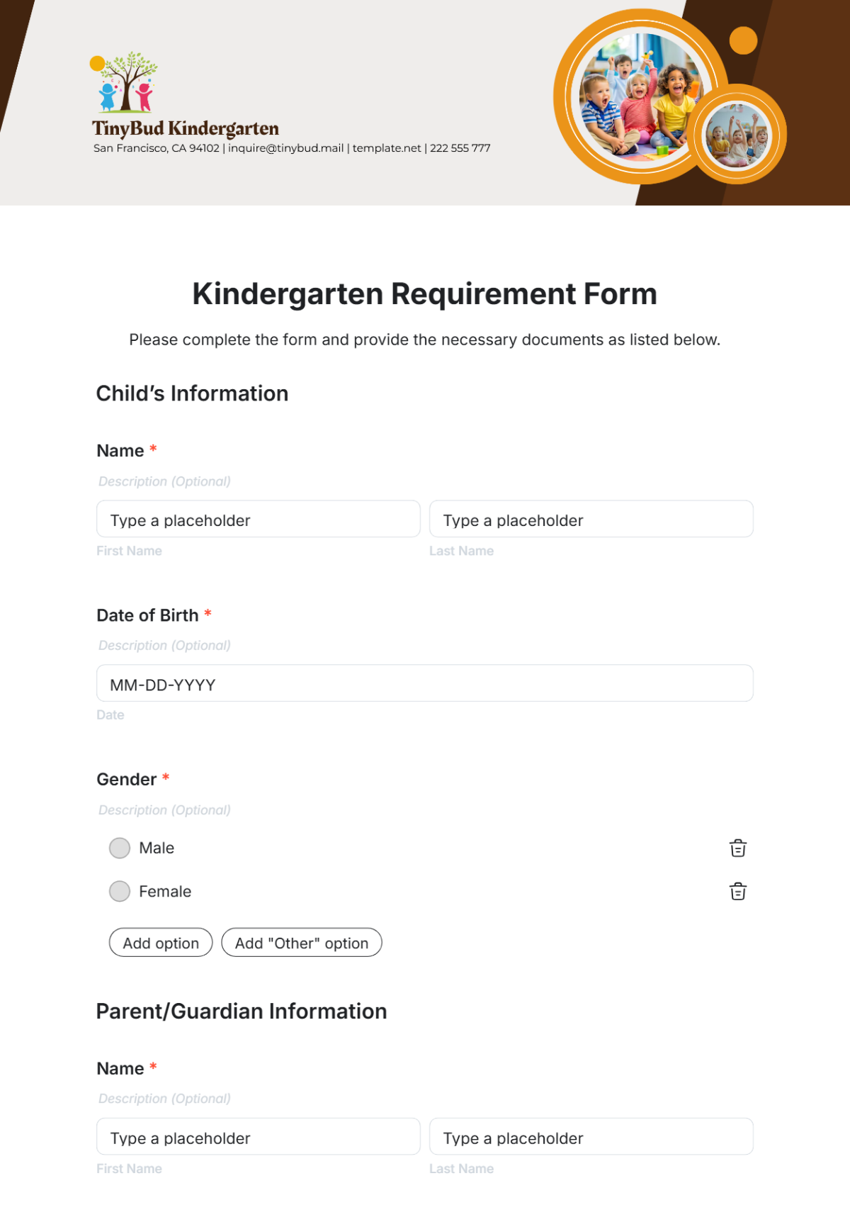 Kindergarten Requirement Form Template