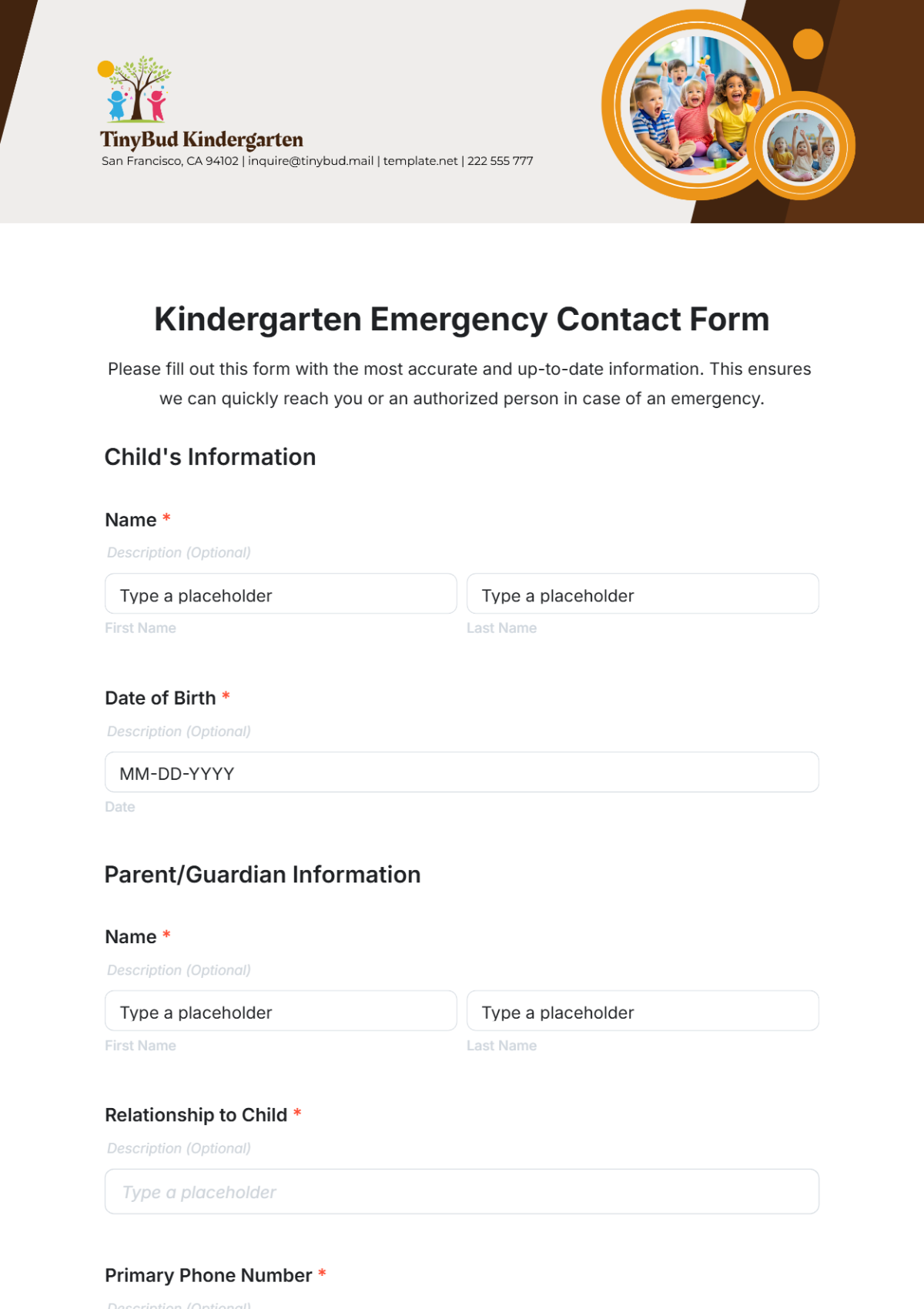 Kindergarten Emergency Contact Form Template