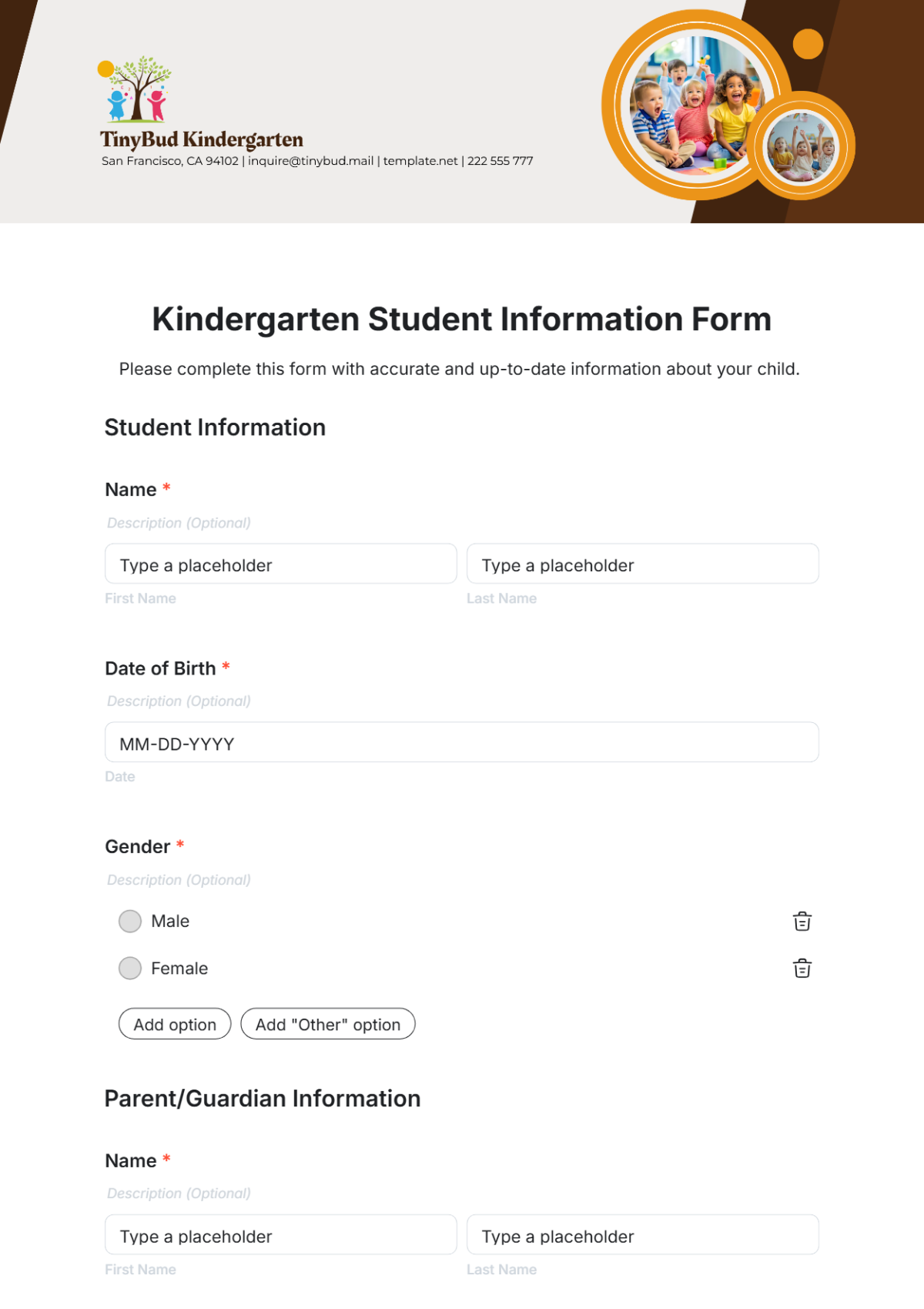 Kindergarten Student Information Form Template