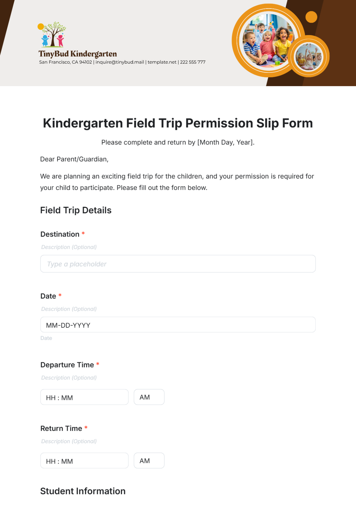 Kindergarten Field Trip Permission Slip Form Template