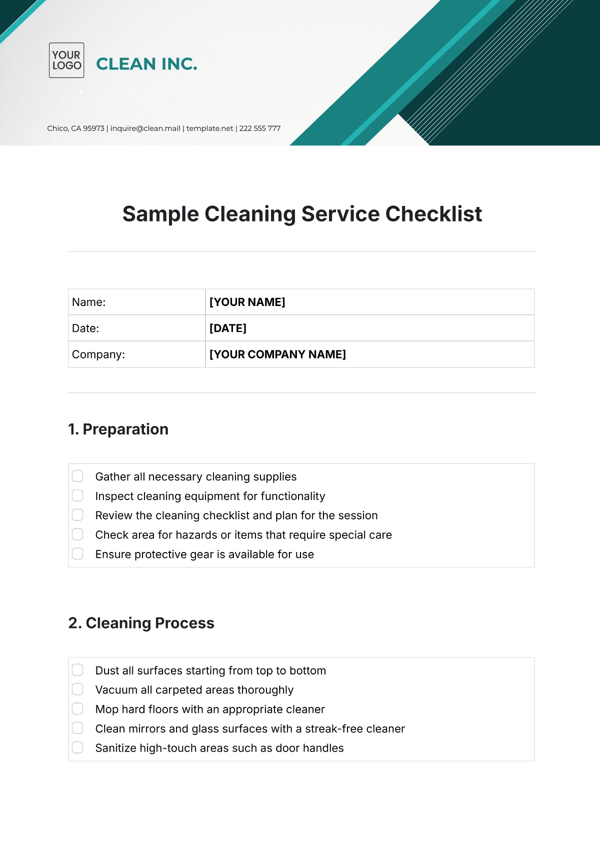 Sample Cleaning Service Checklist Template - Edit Online & Download