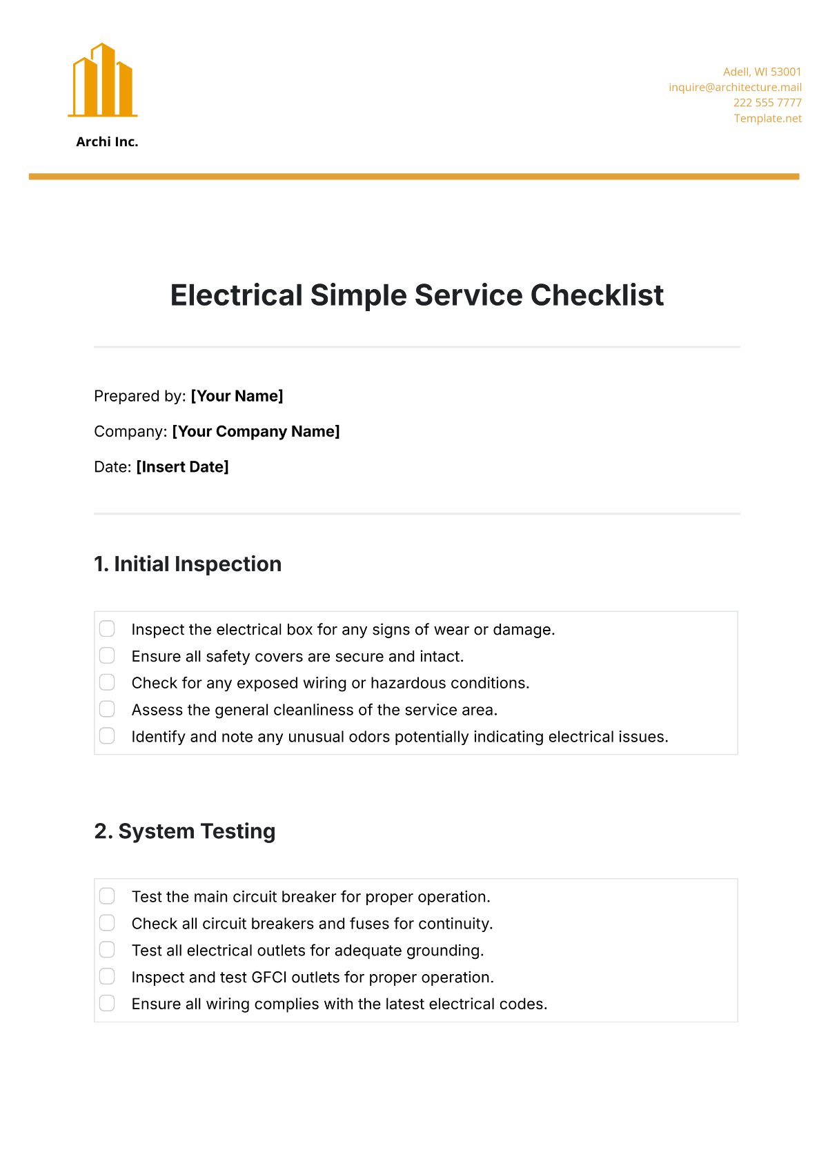 Electrical Simple Service Checklist Template - Edit Online & Download