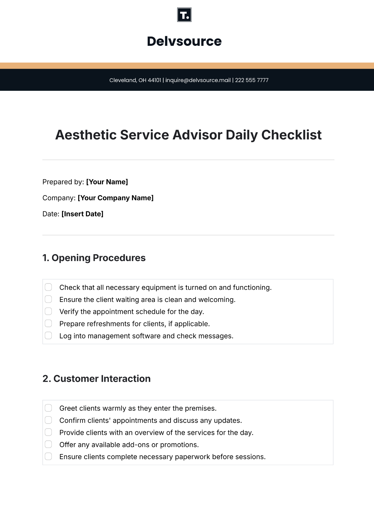 Aesthetic Service Advisor Daily Checklist Template - Edit Online & Download