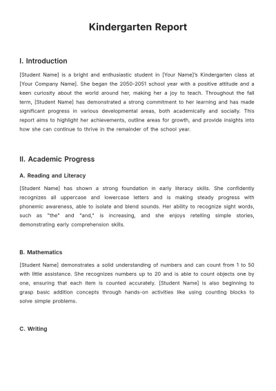 Free Kindergarten Report Template to Edit Online