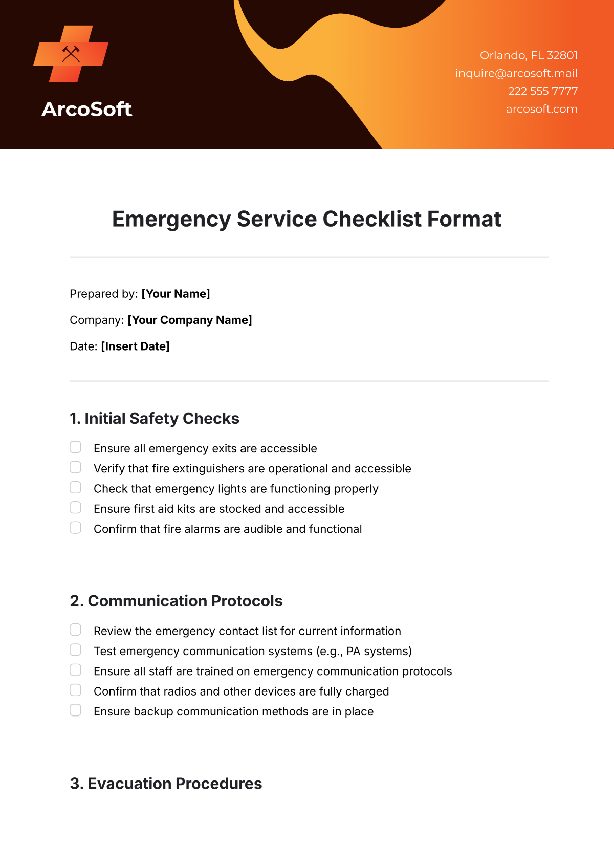 Emergency Service Checklist Format Template - Edit Online & Download