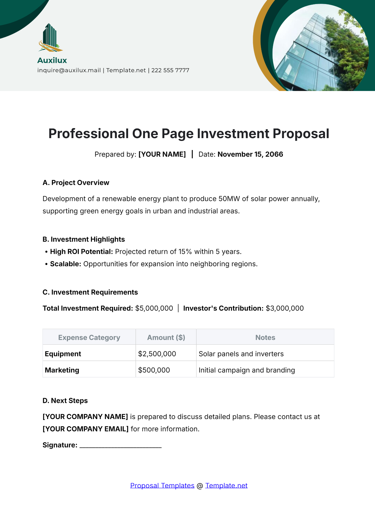 Professional One Page Investment Proposal Template - Edit Online & Download