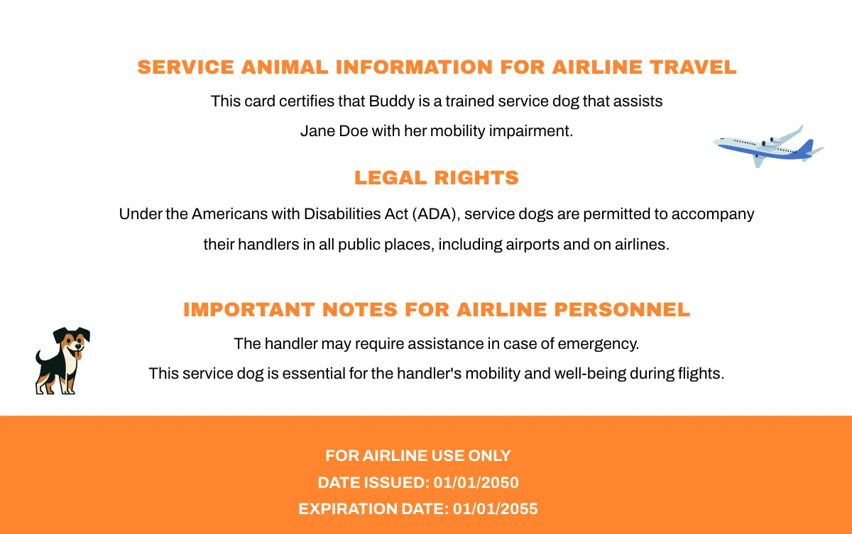 Free Colorful Service Dog ID Card for Airlines Template to Edit Online