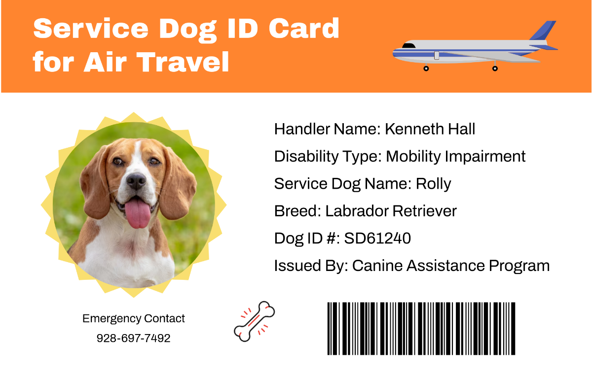 Colorful Service Dog ID Card for Airlines Template - Edit Online & Download