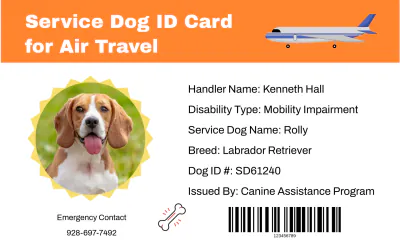 Free Colorful Service Dog ID Card for Airlines Template to Edit Online