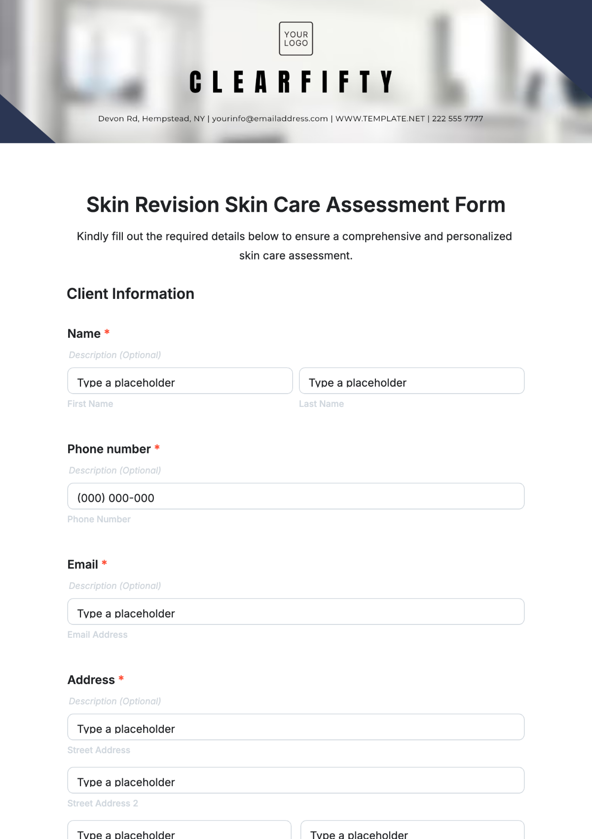 Skin Revision Skin Care Assessment Form Template