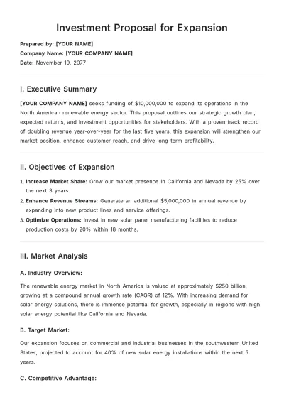 Free Investment Proposal for Expansion Template to Edit Online