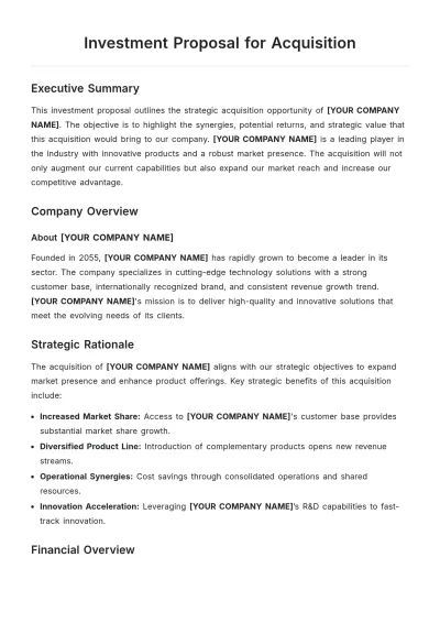 Free Investment Proposal for Acquisition Template to Edit Online
