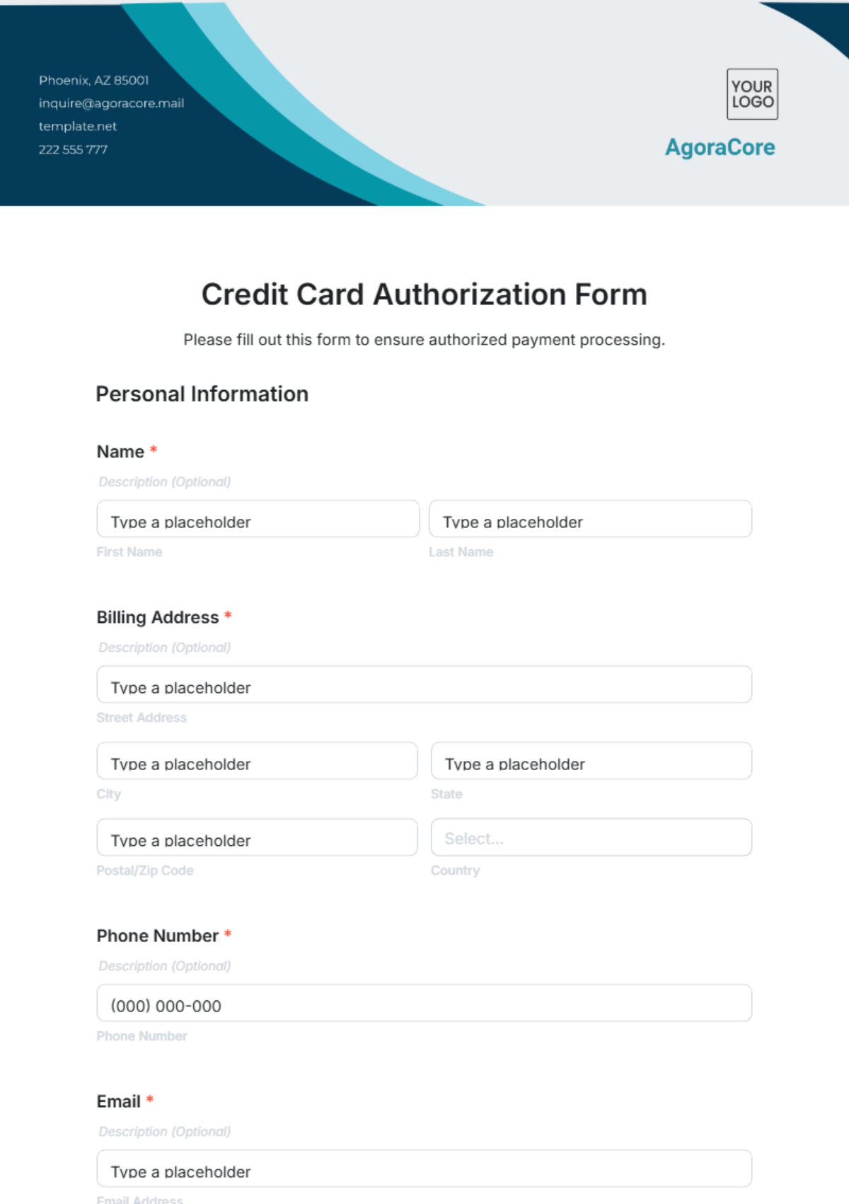 Credit Card Authorization Form Template - Edit Online & Download