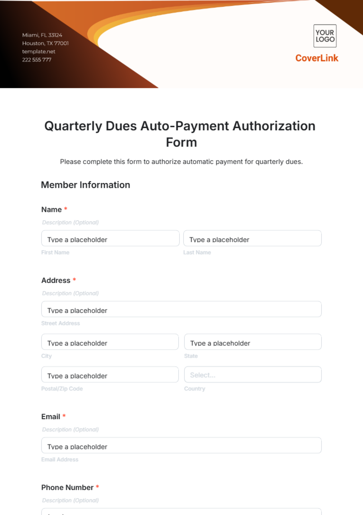 Quarterly Dues Auto-Payment Authorization Form Template - Edit Online & Download