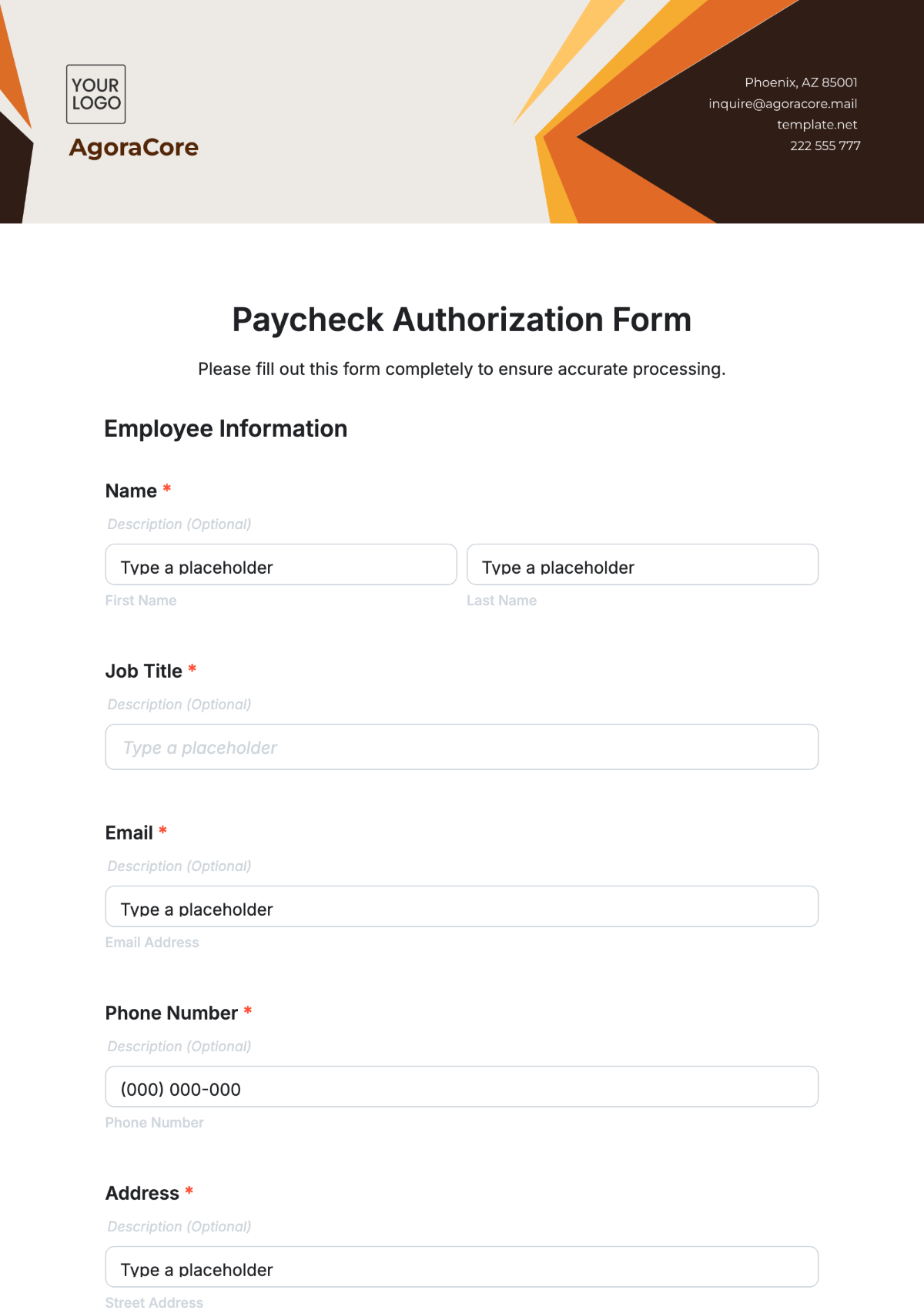 Paycheck Authorization Form Template - Edit Online & Download