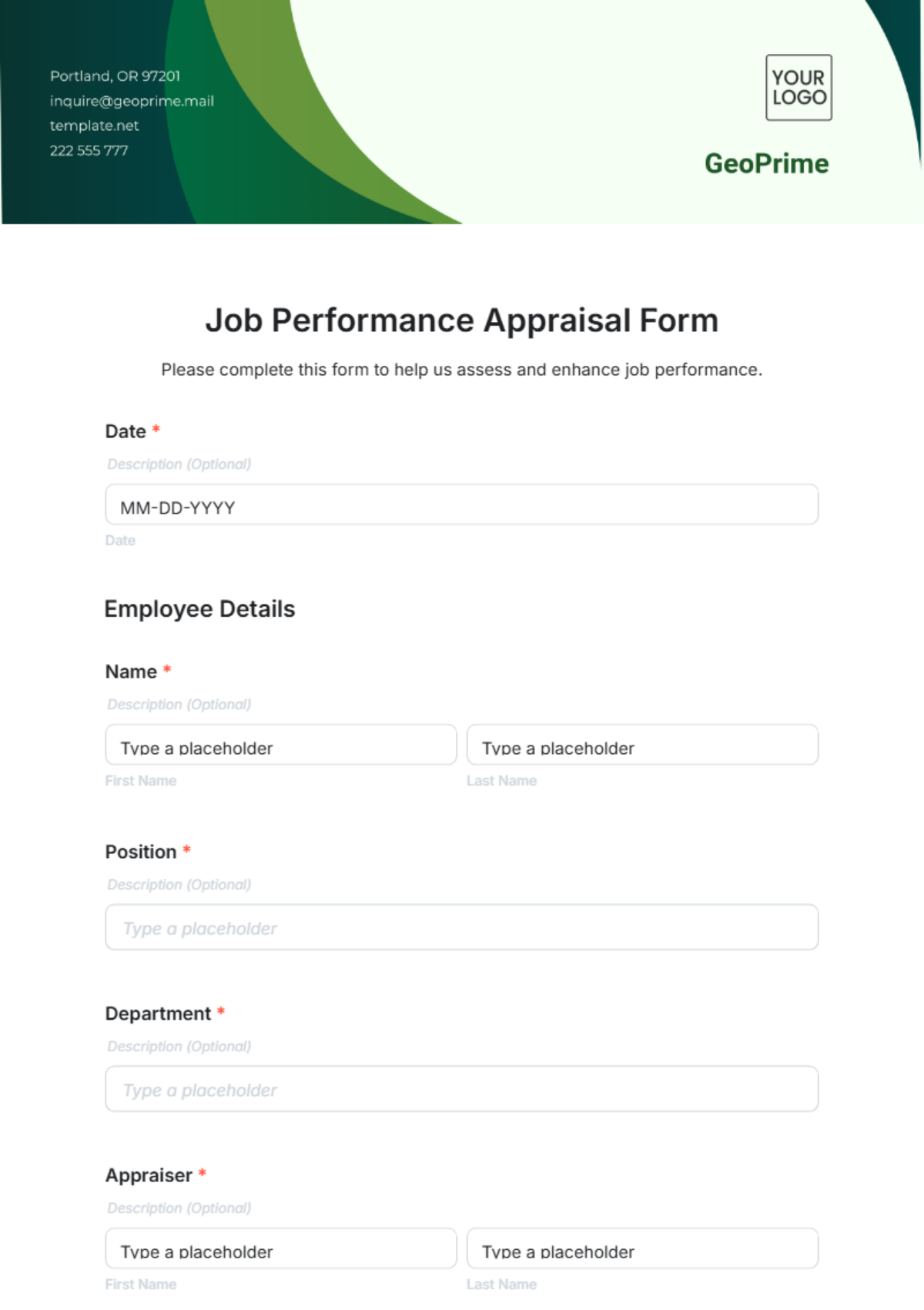 Free Job Performance Appraisal Form Template