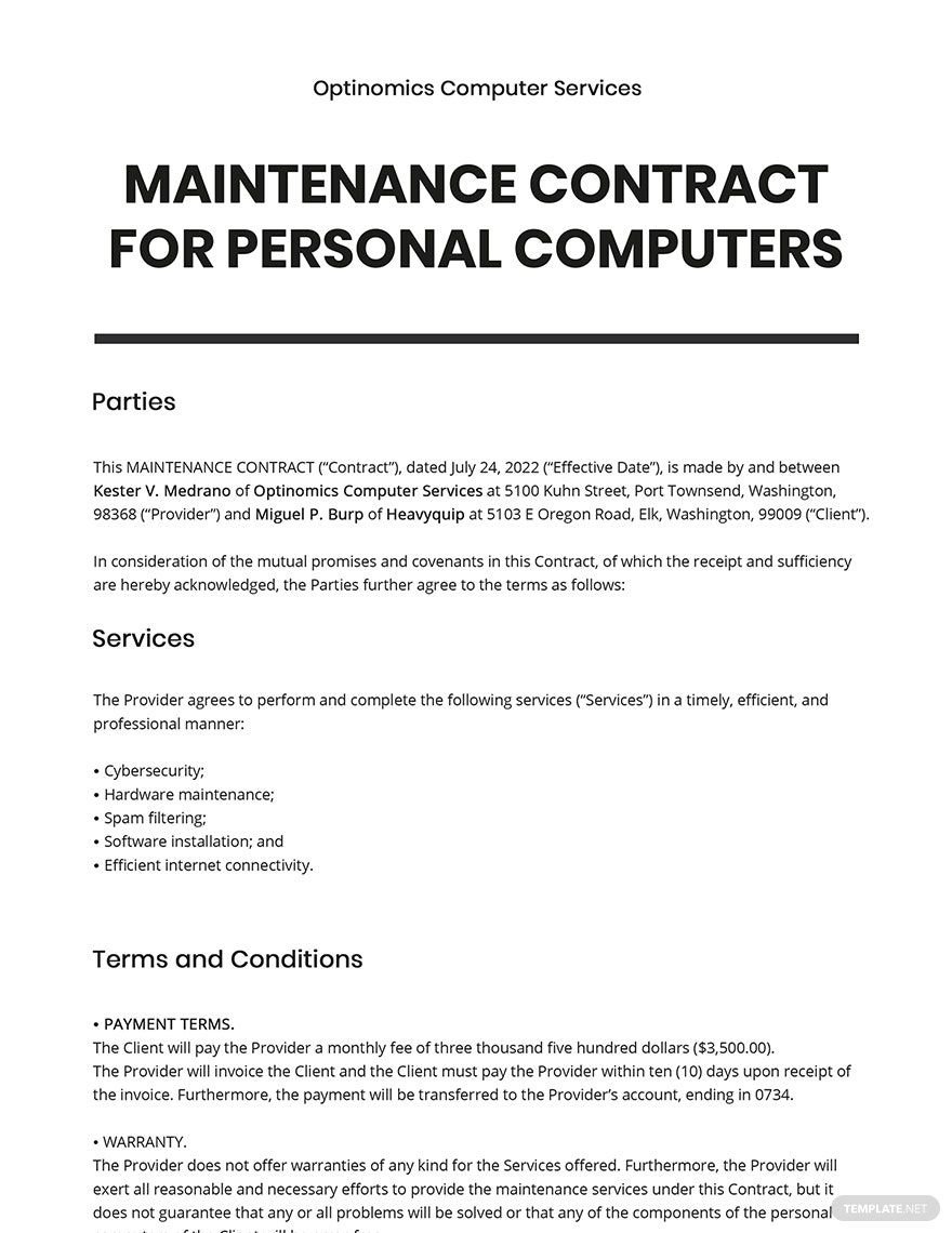 Maintenance Contract for Personal Computers Template