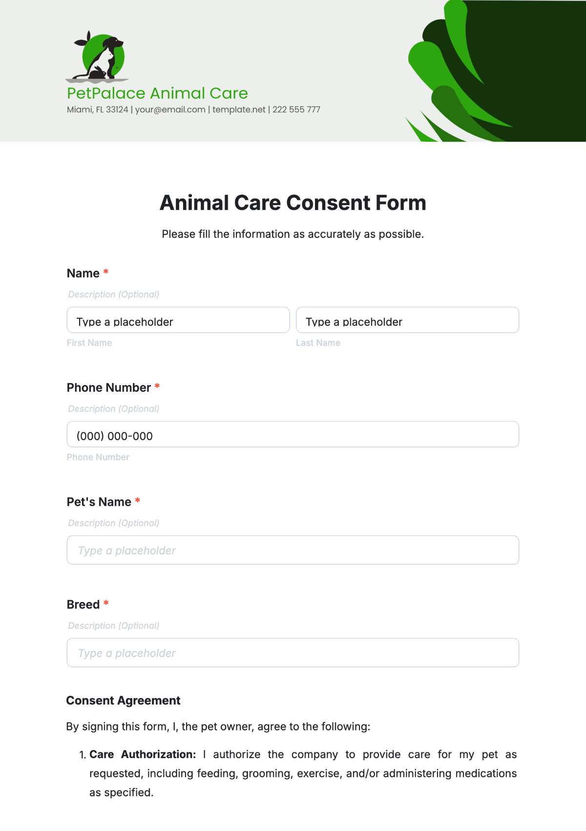 Animal Care Consent Form Template - Edit Online & Download