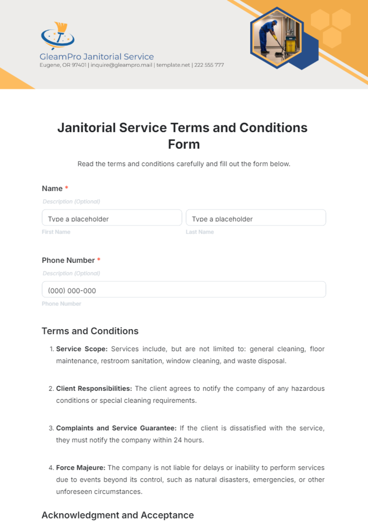 Janitorial Service Terms and Conditions Form Template - Edit Online & Download