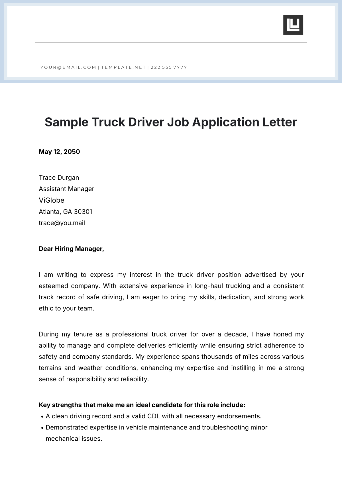 Sample Truck Driver Job Application Letter Template - Edit Online & Download