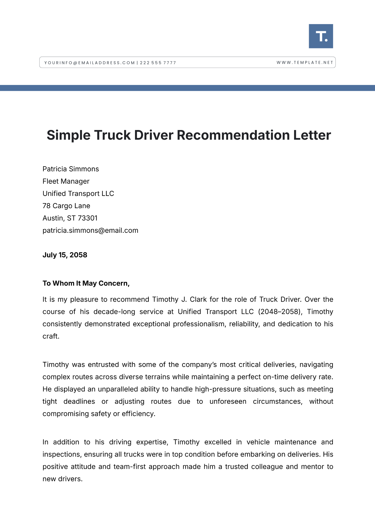 Simple Truck Driver Recommendation Letter Template - Edit Online & Download