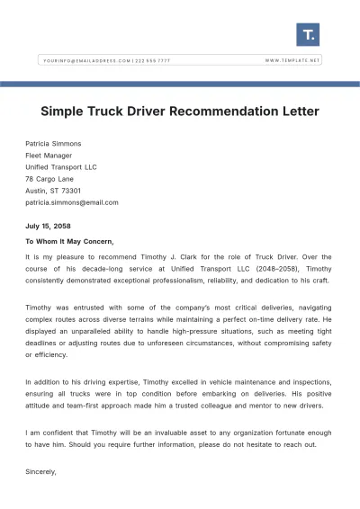 Free Simple Truck Driver Recommendation Letter Template to Edit Online