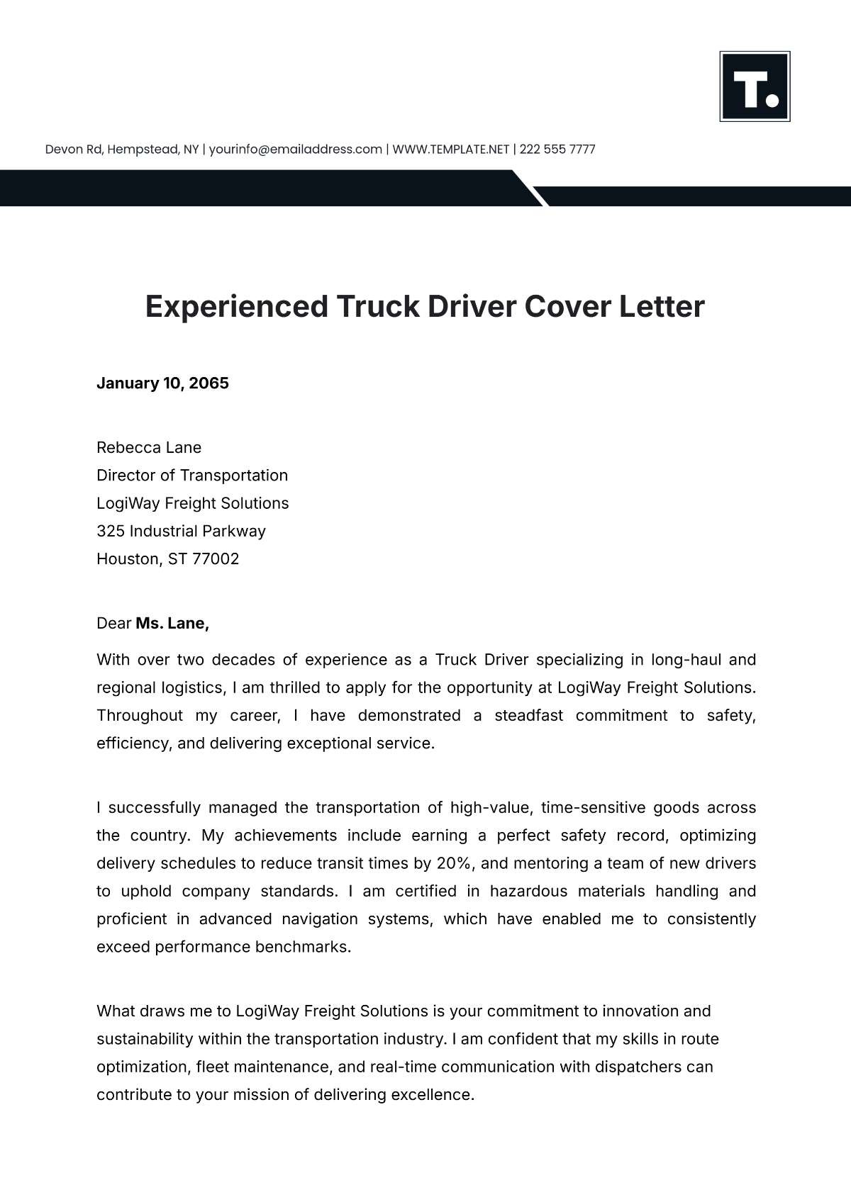 Experienced Truck Driver Cover Letter Template - Edit Online & Download