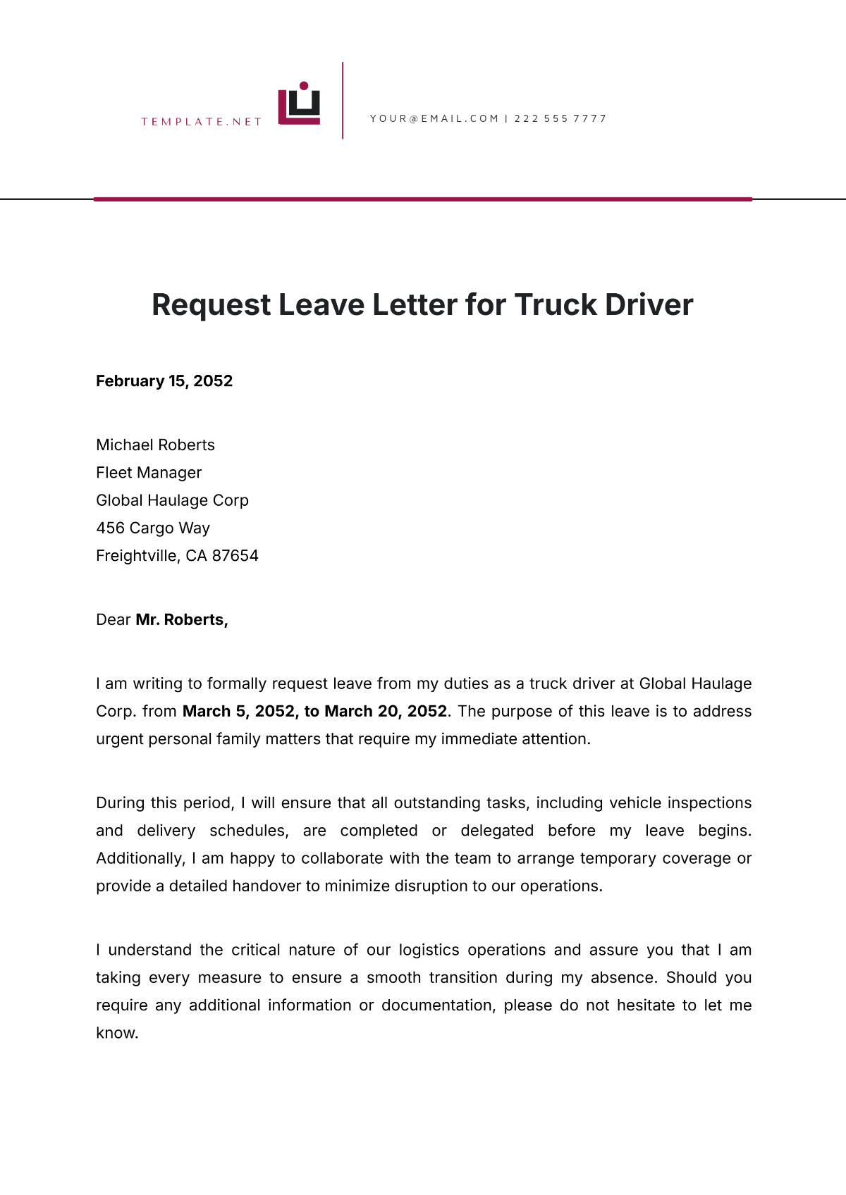 Request Leave Letter for Truck Driver Template - Edit Online & Download