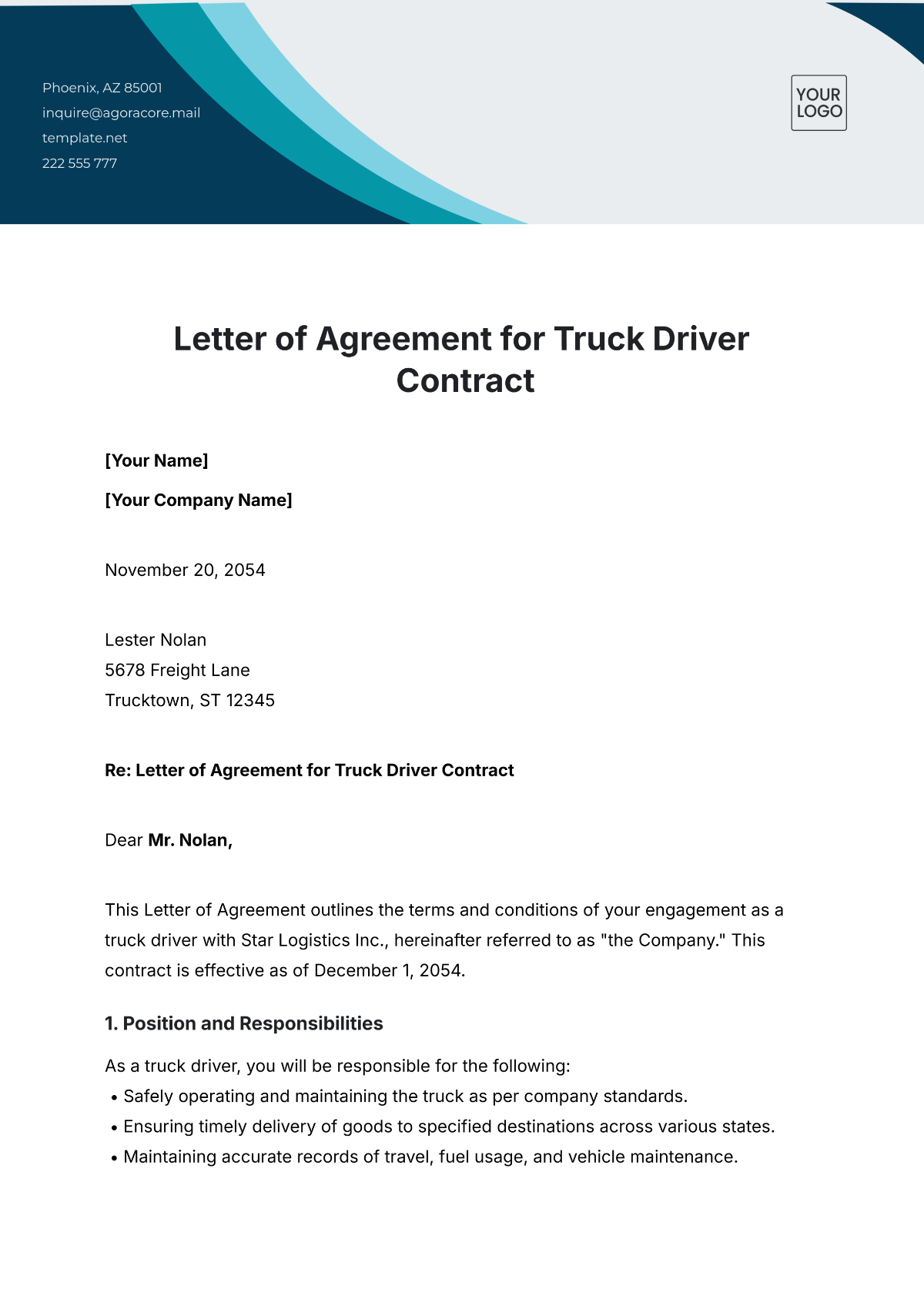 Letter of Agreement for Truck Driver Contract Template - Edit Online & Download