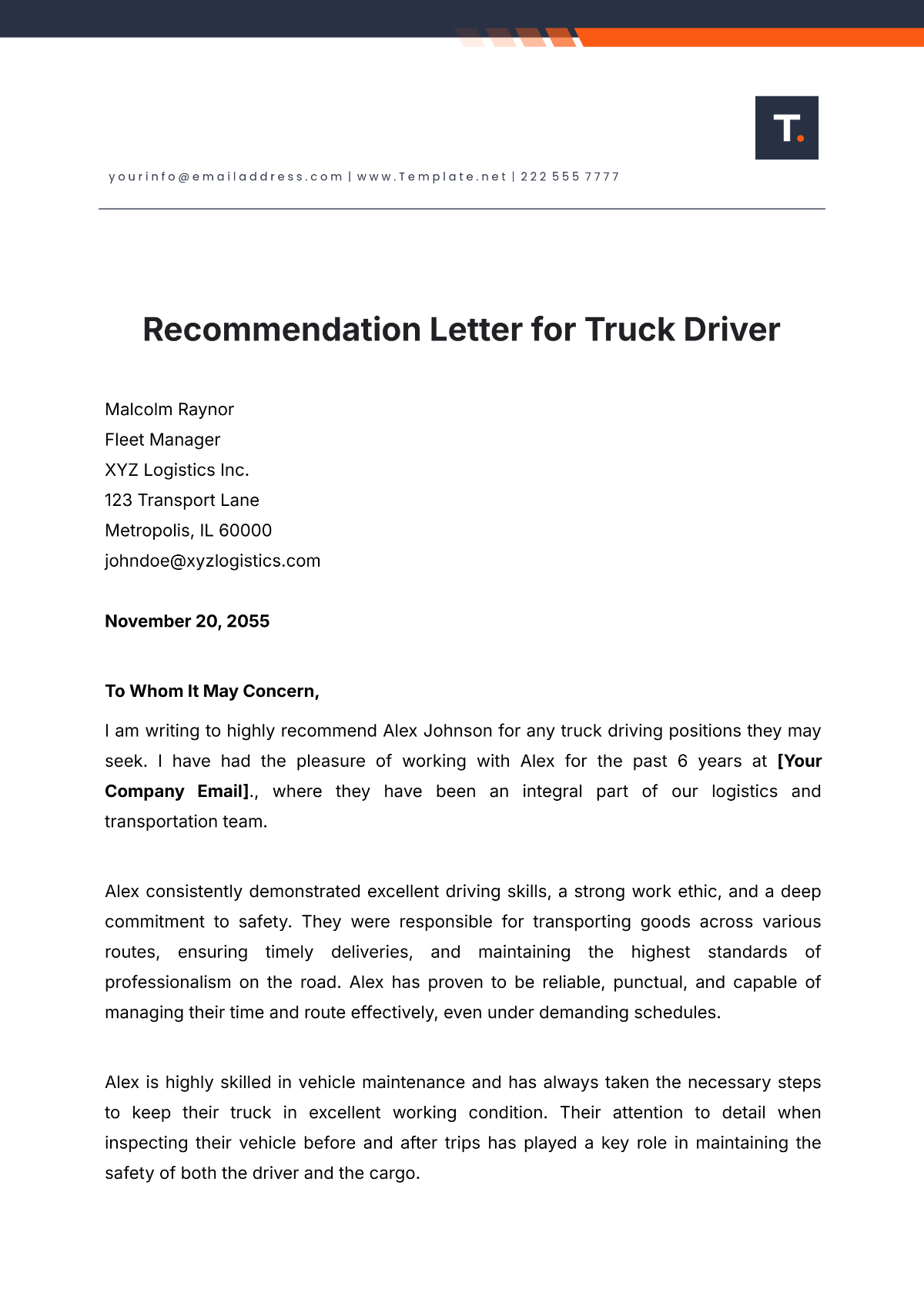 Recommendation Letter for Truck Driver Template - Edit Online & Download