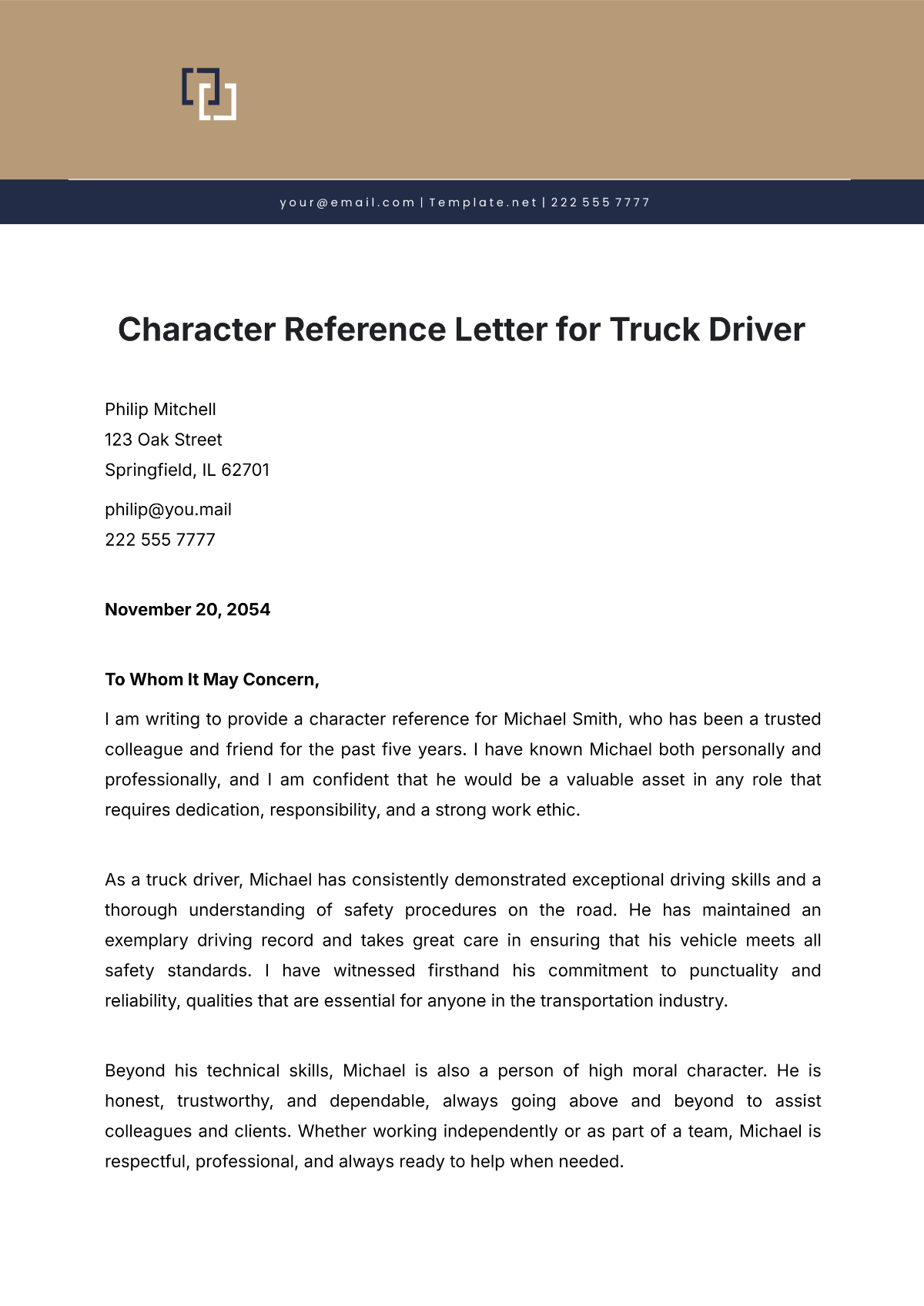 Character Reference Letter for Truck Driver Template - Edit Online & Download