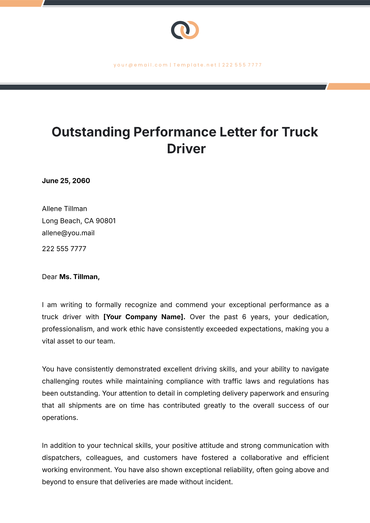 Outstanding Performance Letter for Truck Driver Template - Edit Online & Download