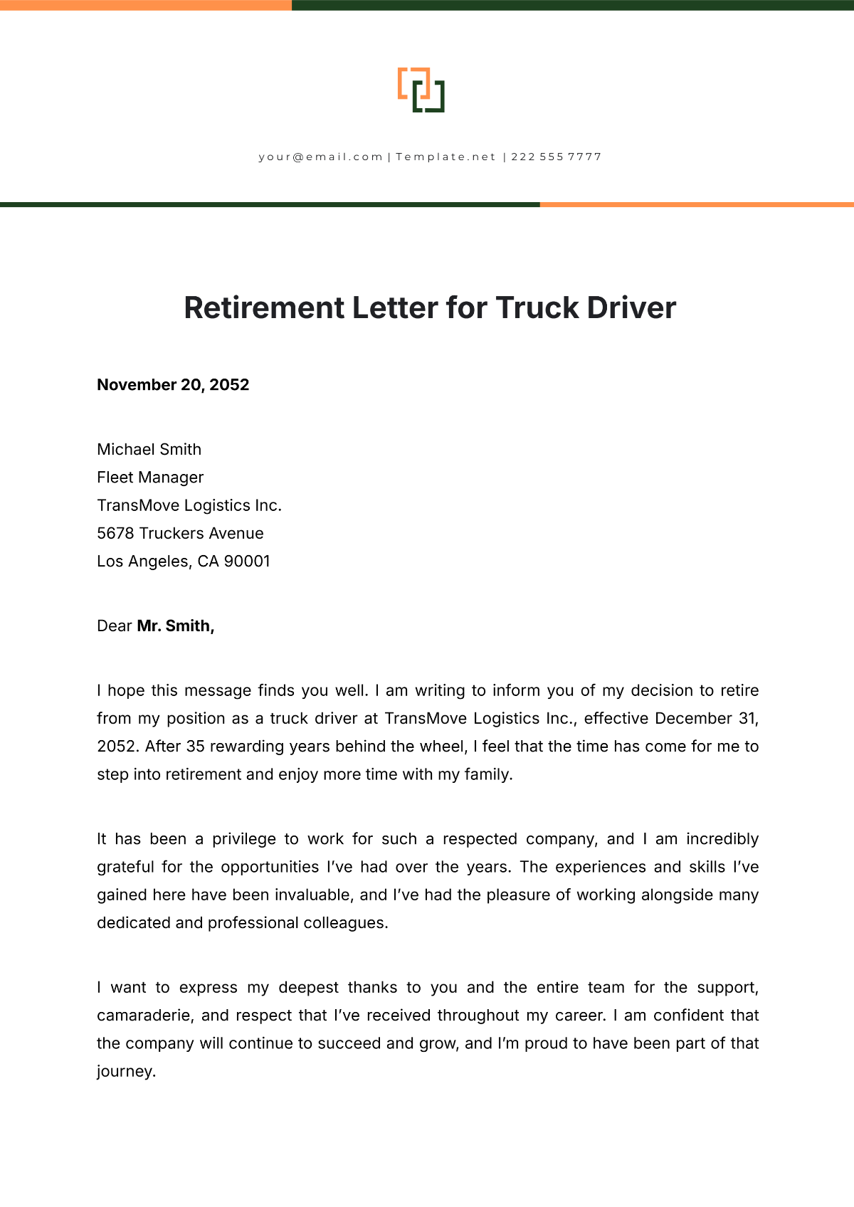 Retirement Letter for Truck Driver Design Template - Edit Online & Download