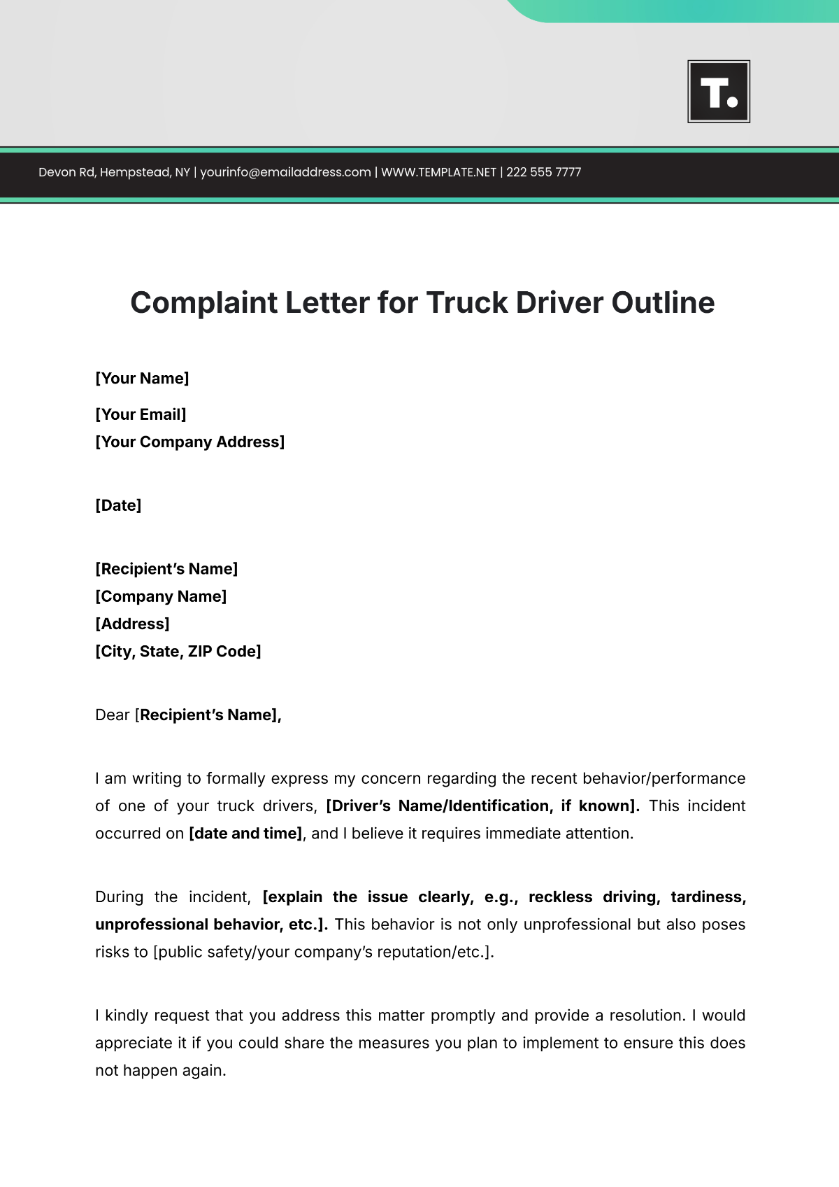 Complaint Letter for Truck Driver Outline Template - Edit Online & Download