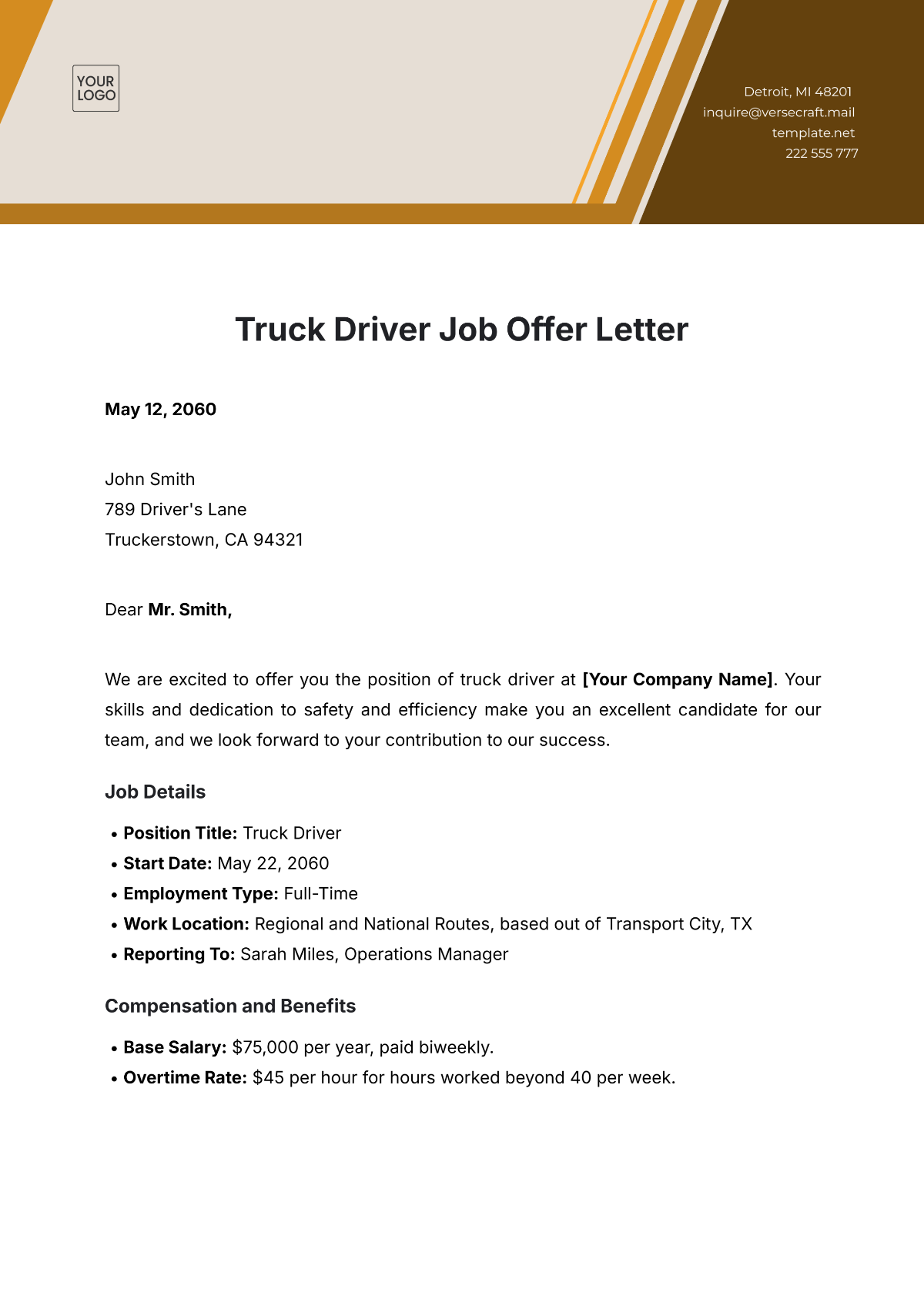 Truck Driver Job Offer Letter Template - Edit Online & Download