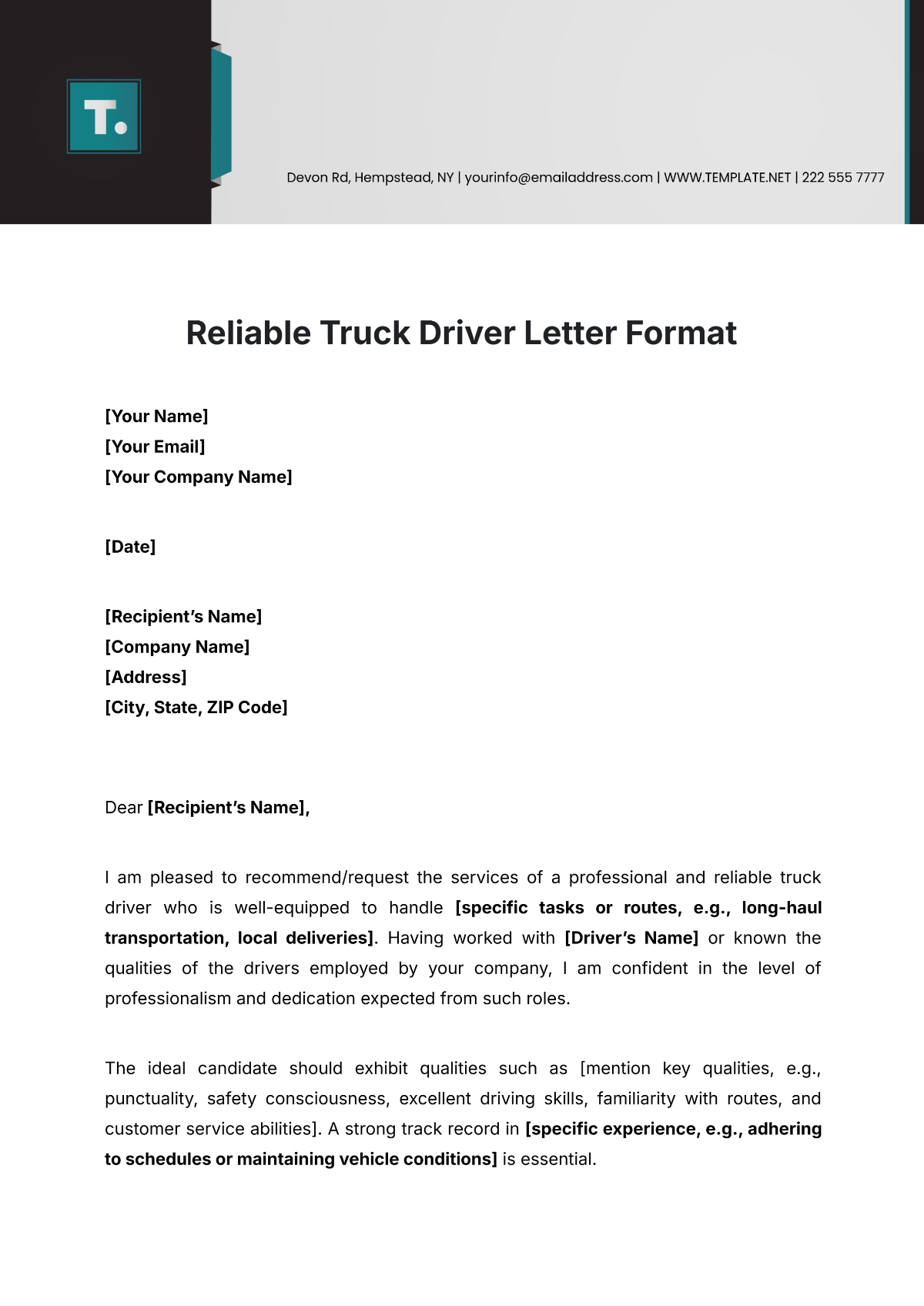 Reliable Truck Driver Letter Format Template - Edit Online & Download