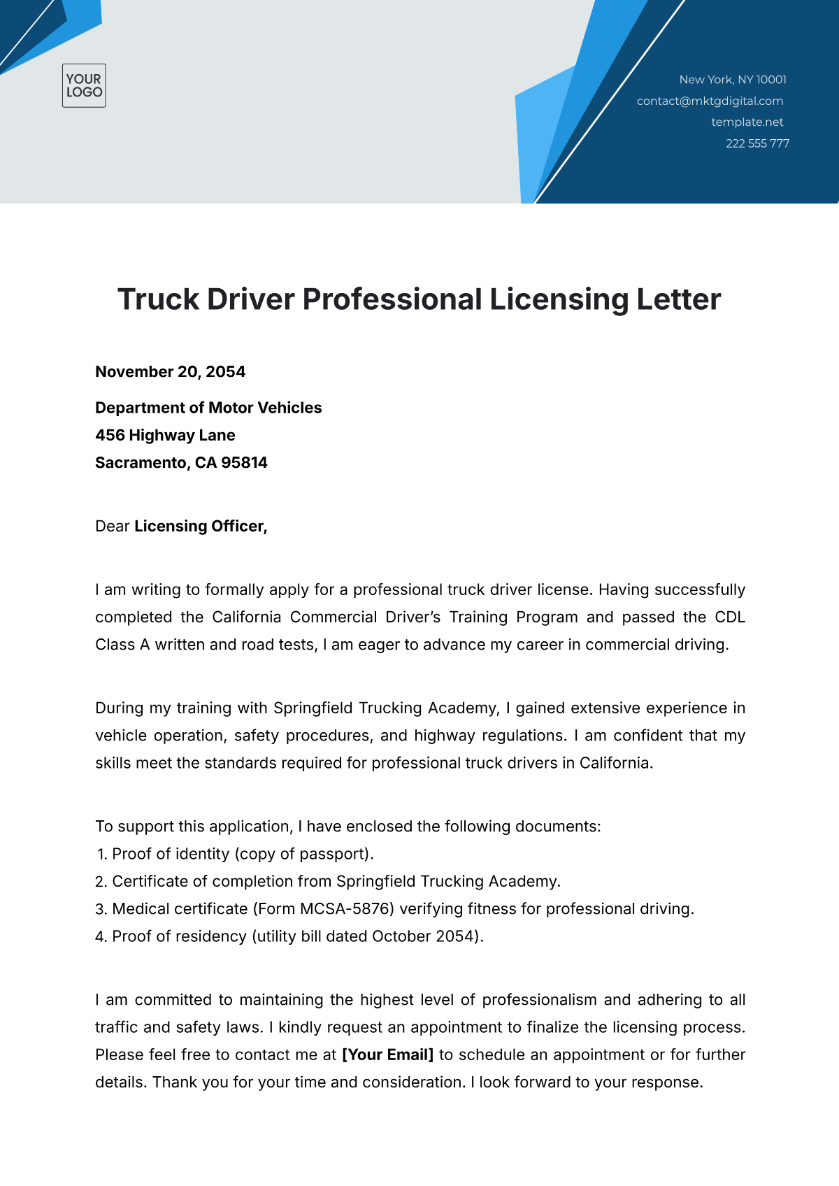 Truck Driver Professional Licensing Letter Template - Edit Online & Download