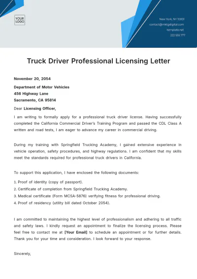 Free Truck Driver Professional Licensing Letter Template to Edit Online