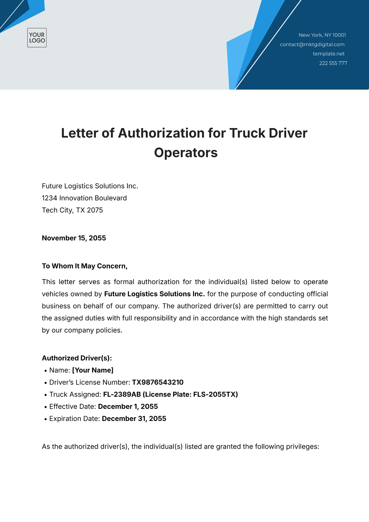 Letter of Authorization for Truck Driver Operators Template - Edit Online & Download