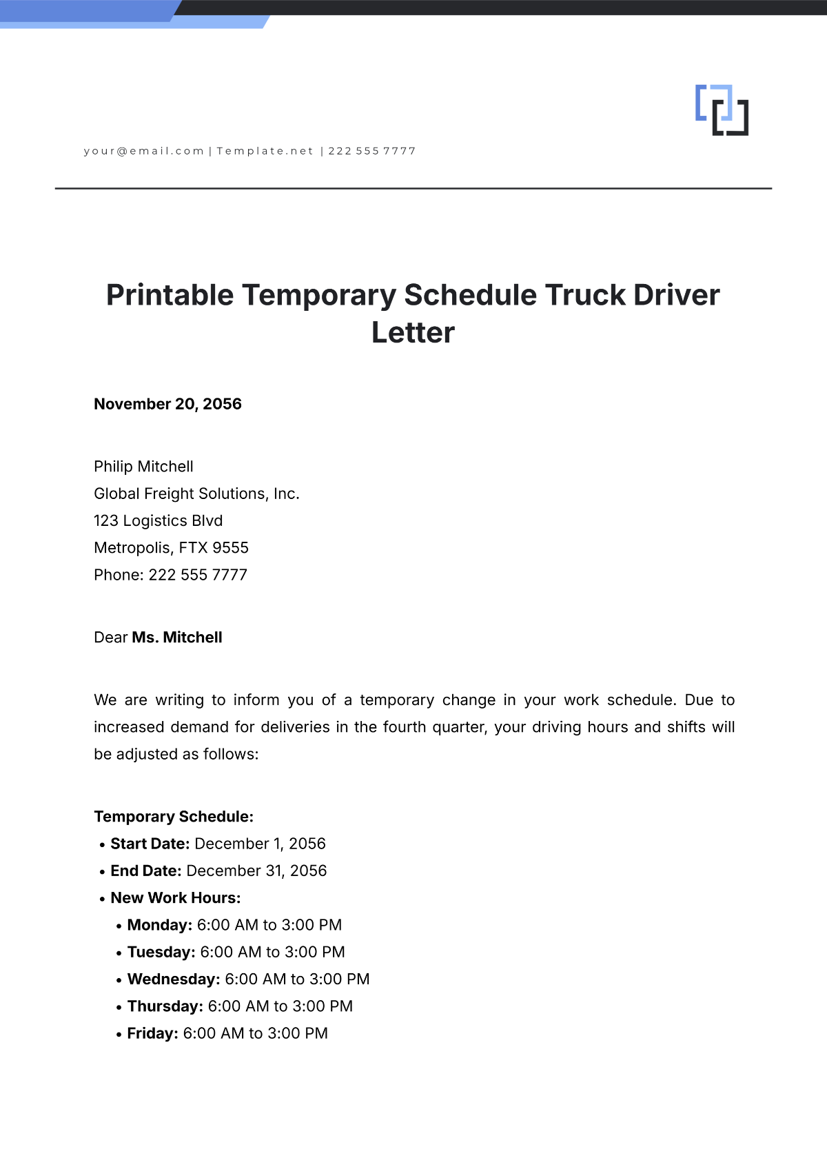 Printable Temporary Schedule Truck Driver Letter Template - Edit Online & Download