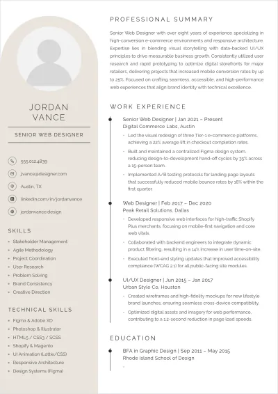 Free Web Designer ATS Resume Template, AI Resume Builder