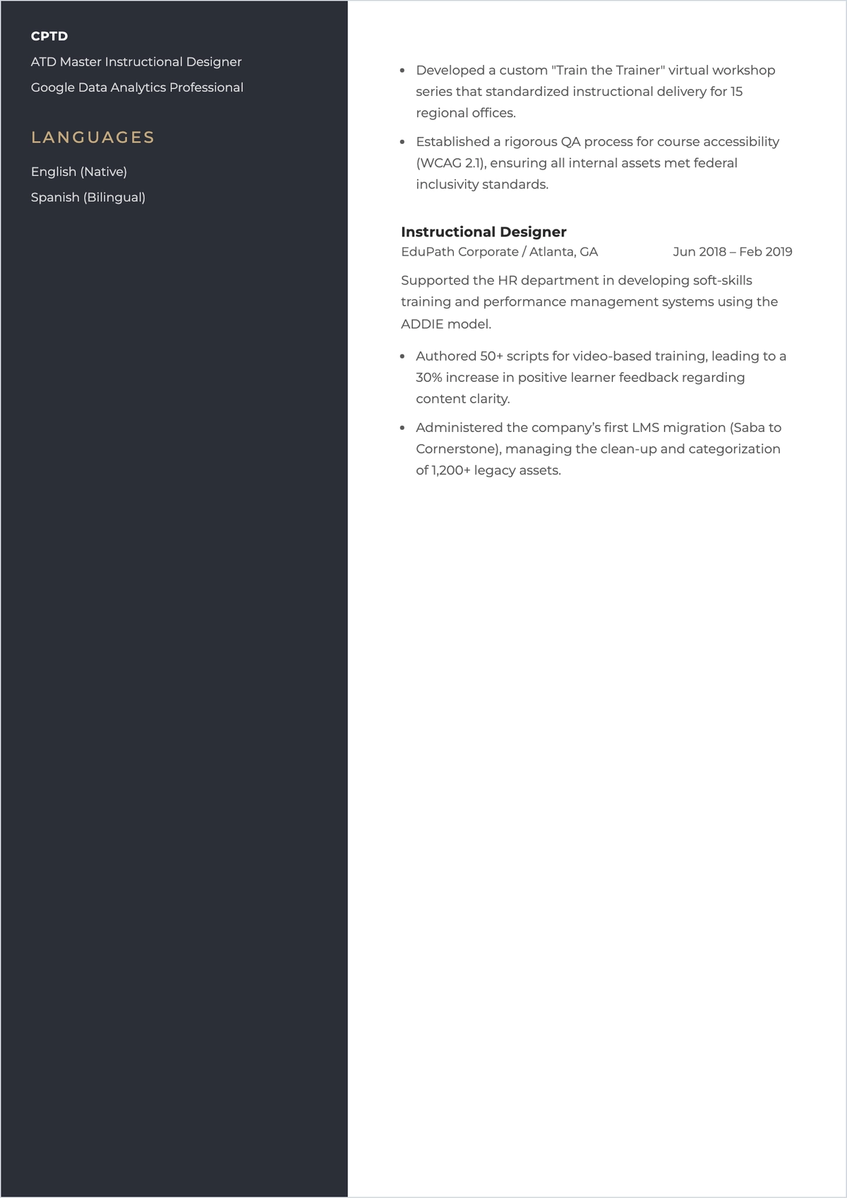 Free Instructional Designer ATS Resume Template, AI Resume Builder