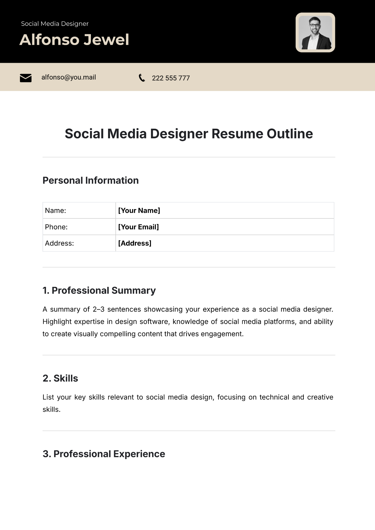 Social Media Designer Resume Outline Template - Edit Online & Download