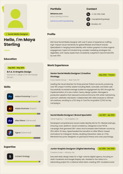 Free Social Media Designer ATS Resume Template, AI Resume Builder