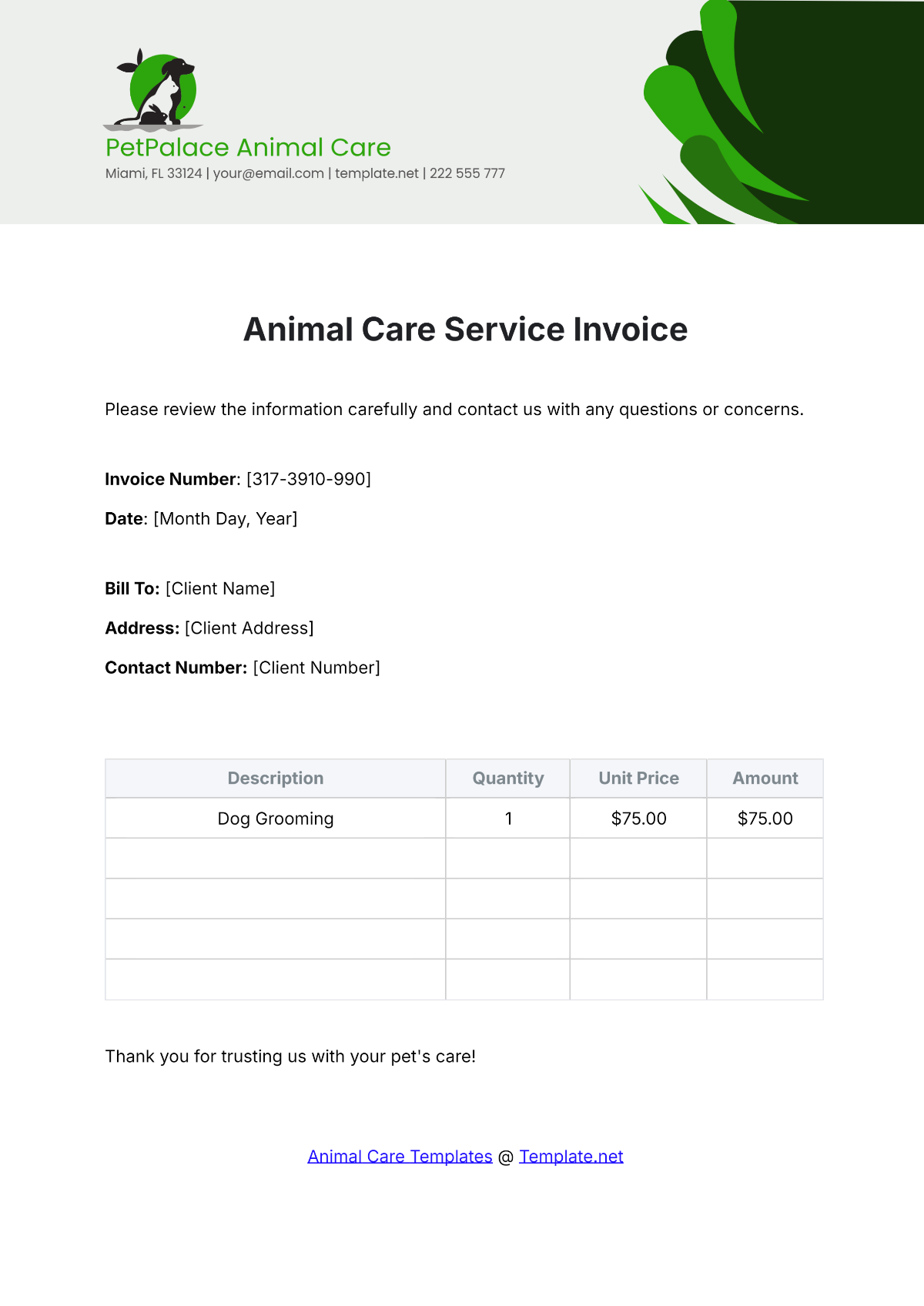 Animal Care Service Invoice Template - Edit Online & Download