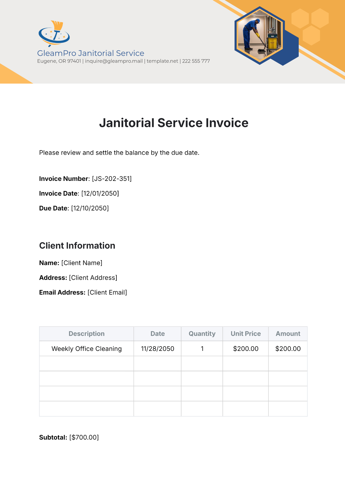 Janitorial Service Invoice Template - Edit Online & Download